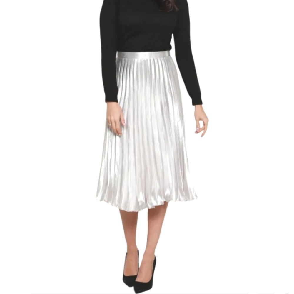 VTG Talbots Silver Metallic Mini Pleat Midi Skirt Size 6!